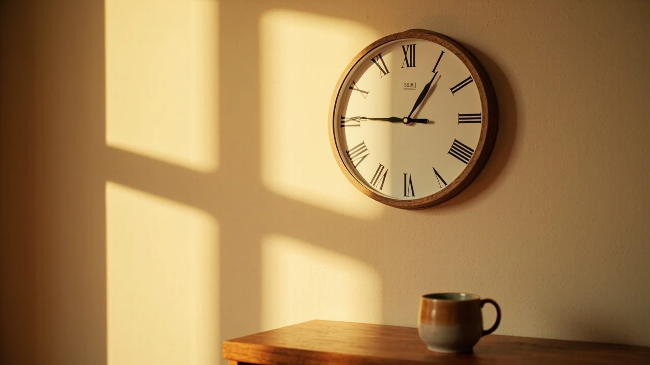 Orologio analogico che segna le 14:41, con luce pomeridiana soffusa