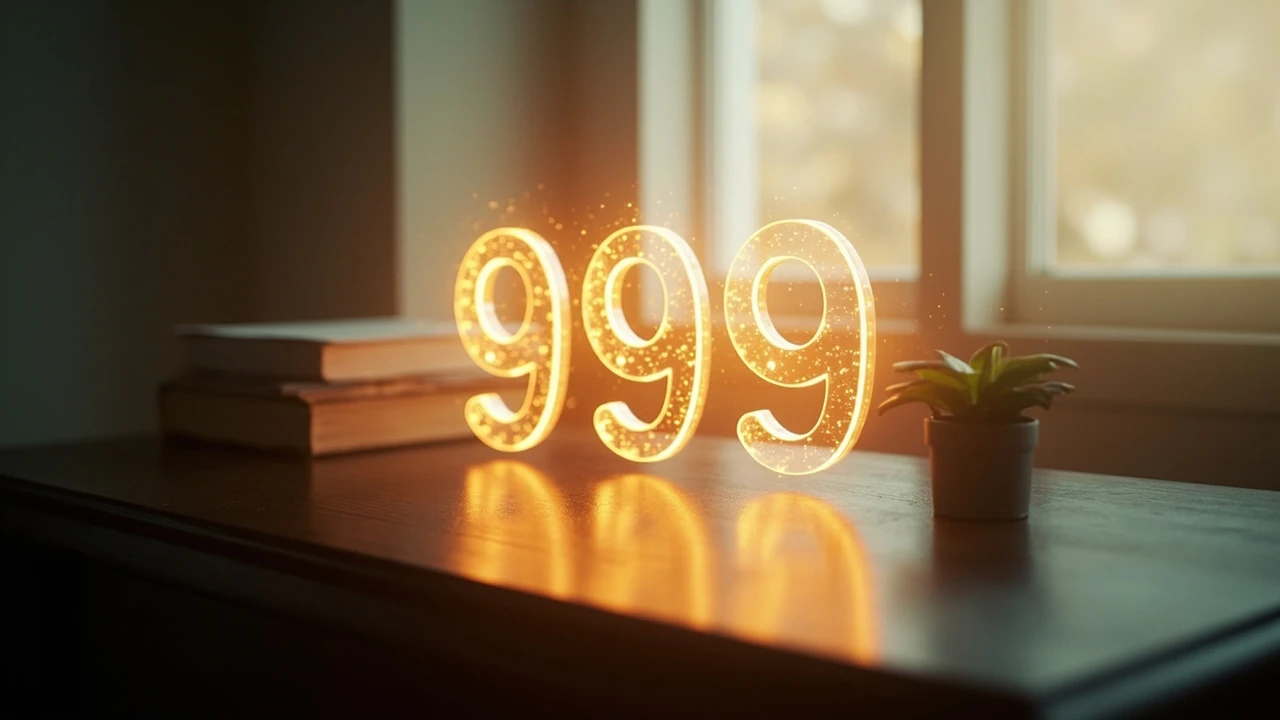 Numero 999 con luce soffusa e atmosfera contemplativa, significato angelico