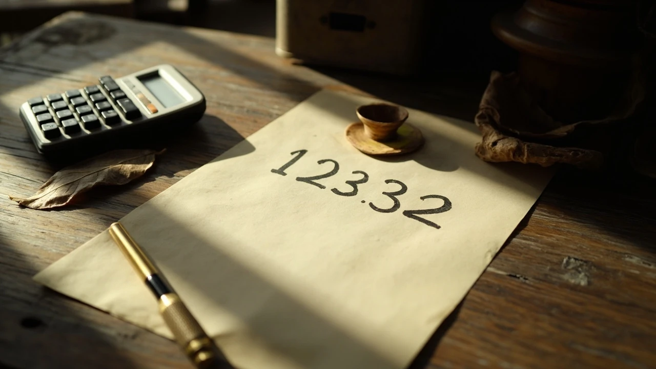 Numero 2332 scritto su un foglio accanto a una calcolatrice, in luce morbida