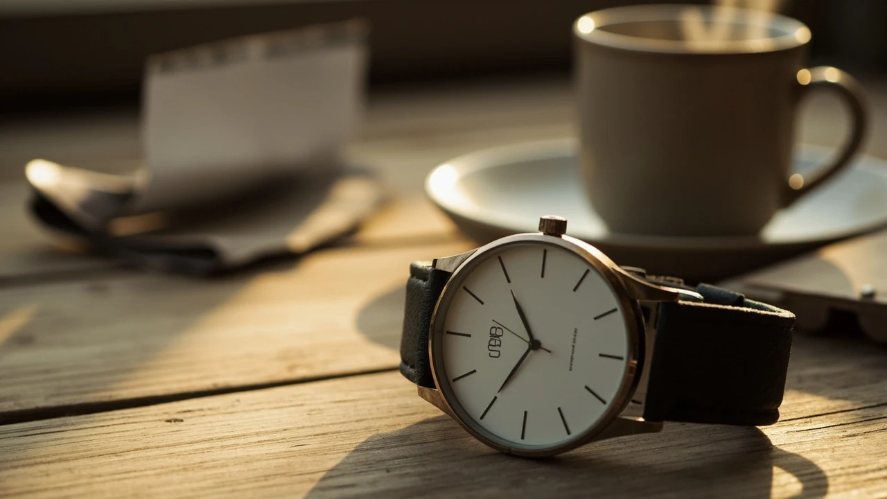 Orologio che mostra le 08:08, sfondo sfocato con luce calda del mattino